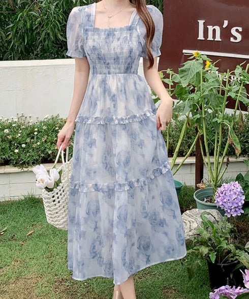ティアードロングワンピースレディース夏服 大人可愛いシャーリングワンピース 着やせ 花柄シフォンワンピース 体型カバー スクエアネック 半袖リゾートワンピース旅行 87GUJI-001