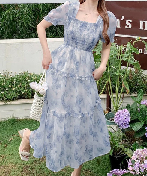 ティアードロングワンピースレディース夏服 大人可愛いシャーリングワンピース 着やせ 花柄シフォンワンピース 体型カバー スクエアネック 半袖リゾートワンピース旅行 87GUJI-001