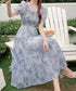 ティアードロングワンピースレディース夏服 大人可愛いシャーリングワンピース 着やせ 花柄シフォンワンピース 体型カバー スクエアネック 半袖リゾートワンピース旅行 87GUJI-001