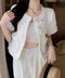 半袖ツイード風ジャケット レディース夏服 ショート丈アウター 春夏 ノーカラー フリンジジャケット きれいめ羽織り 韓国風 エレガントカーディガン オフィス通勤服 87GUJI-002