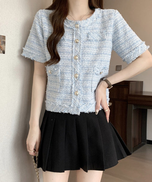 半袖ツイード風ジャケット レディース夏服 ショート丈アウター 春夏 ノーカラー フリンジジャケット きれいめ羽織り 韓国風 エレガントカーディガン オフィス通勤服 87GUJI-002