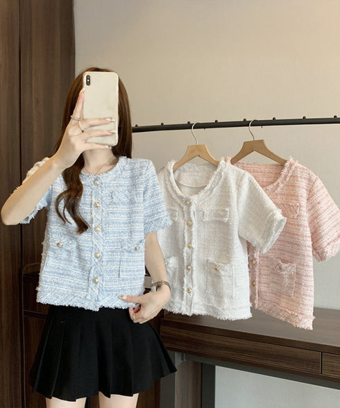 半袖ツイード風ジャケット レディース夏服 ショート丈アウター 春夏 ノーカラー フリンジジャケット きれいめ羽織り 韓国風 エレガントカーディガン オフィス通勤服 87GUJI-002
