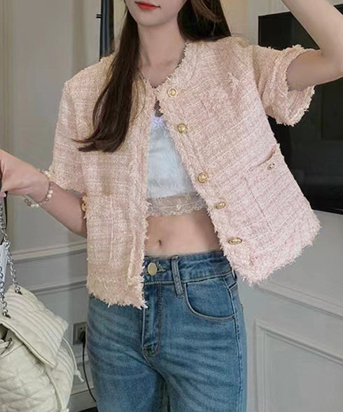 半袖ツイード風ジャケット レディース夏服 ショート丈アウター 春夏 ノーカラー フリンジジャケット きれいめ羽織り 韓国風 エレガントカーディガン オフィス通勤服 87GUJI-002