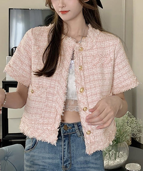 半袖ツイード風ジャケット レディース夏服 ショート丈アウター 春夏 ノーカラー フリンジジャケット きれいめ羽織り 韓国風 エレガントカーディガン オフィス通勤服 87GUJI-002