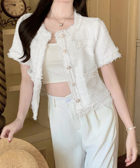 半袖ツイード風ジャケット レディース夏服 ショート丈アウター 春夏 ノーカラー フリンジジャケット きれいめ羽織り 韓国風 エレガントカーディガン オフィス通勤服 87GUJI-002