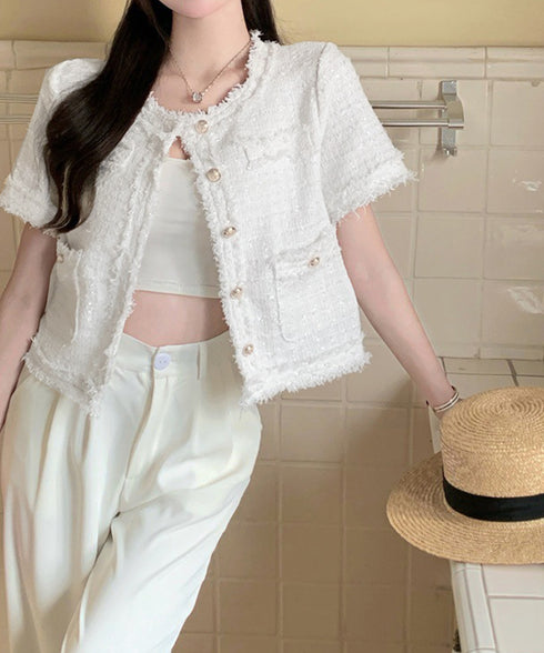 半袖ツイード風ジャケット レディース夏服 ショート丈アウター 春夏 ノーカラー フリンジジャケット きれいめ羽織り 韓国風 エレガントカーディガン オフィス通勤服 87GUJI-002