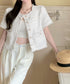 半袖ツイード風ジャケット レディース夏服 ショート丈アウター 春夏 ノーカラー フリンジジャケット きれいめ羽織り 韓国風 エレガントカーディガン オフィス通勤服 87GUJI-002