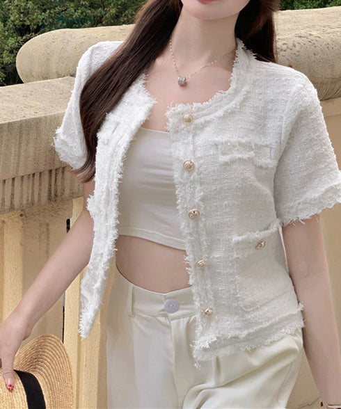 半袖ツイード風ジャケット レディース夏服 ショート丈アウター 春夏 ノーカラー フリンジジャケット きれいめ羽織り 韓国風 エレガントカーディガン オフィス通勤服 87GUJI-002
