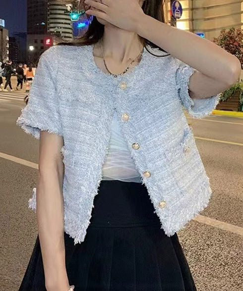 半袖ツイード風ジャケット レディース夏服 ショート丈アウター 春夏 ノーカラー フリンジジャケット きれいめ羽織り 韓国風 エレガントカーディガン オフィス通勤服 87GUJI-002