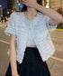 半袖ツイード風ジャケット レディース夏服 ショート丈アウター 春夏 ノーカラー フリンジジャケット きれいめ羽織り 韓国風 エレガントカーディガン オフィス通勤服 87GUJI-002