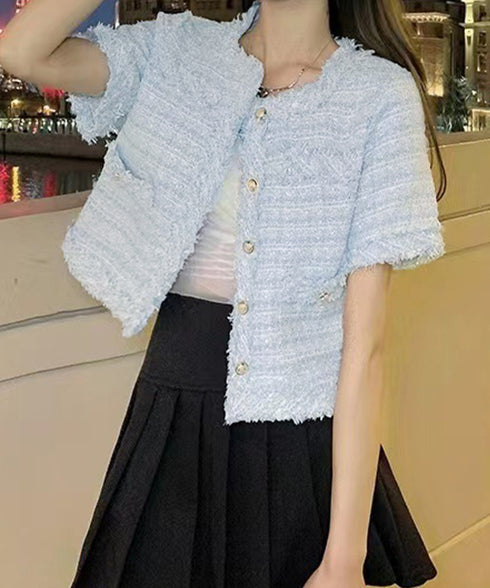 半袖ツイード風ジャケット レディース夏服 ショート丈アウター 春夏 ノーカラー フリンジジャケット きれいめ羽織り 韓国風 エレガントカーディガン オフィス通勤服 87GUJI-002