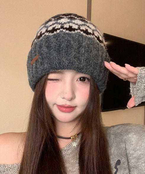 フェアアイル柄ニット帽防寒ニットキャップ おしゃれ 折り返しニット帽 あったかワッチキャップ 幾何学模様スキー帽 厚手北欧柄スノボ帽子 ユニセックスアウトドア帽子 87HEIMAI-001