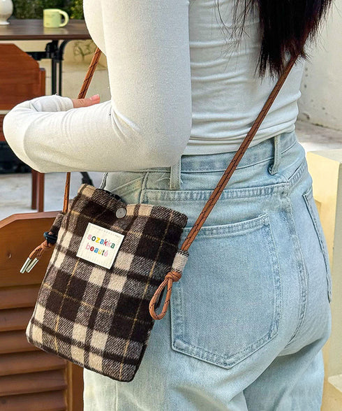 ウールタッチショルダーバッグ ポシェット 柄物スマホポーチレディース 軽量スクエアバッグ小さめ 大人可愛い斜め掛けバッグおしゃれ 縦長ポーチ小物入れミニカバン秋冬 87HONGTAO-001
