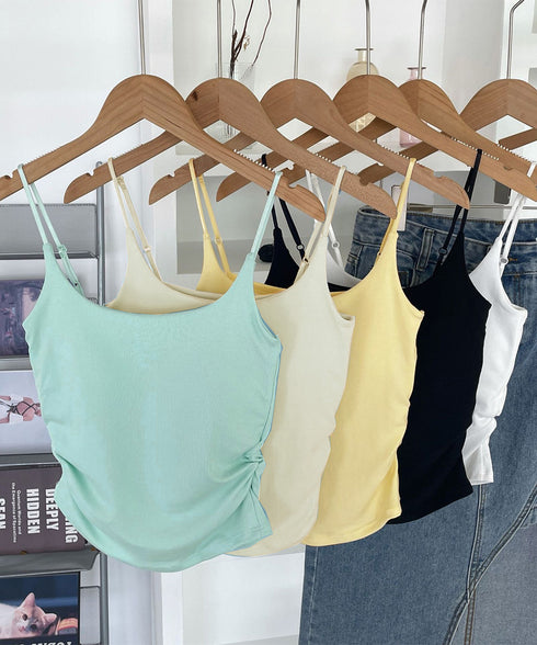 カップ付きキャミソールサイドシャーリング レディース ノンワイヤーブラトップ スリムフィット インナートップス ストレッチ 無地レイヤードコーデ夏服 柔らかい下着 87HONGYF-001