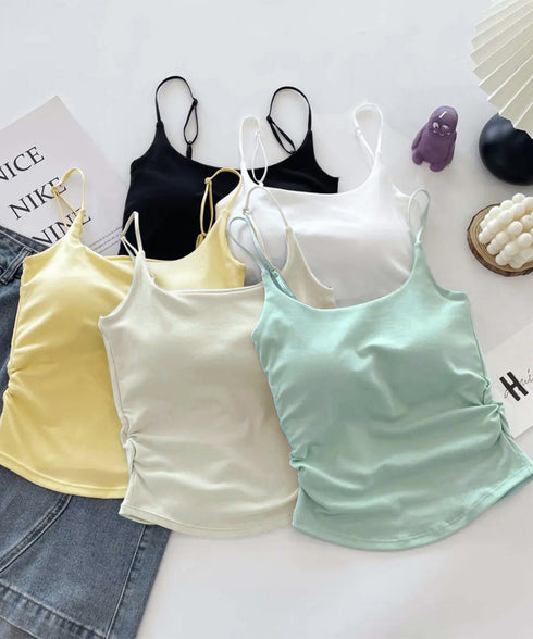 カップ付きキャミソールサイドシャーリング レディース ノンワイヤーブラトップ スリムフィット インナートップス ストレッチ 無地レイヤードコーデ夏服 柔らかい下着 87HONGYF-001
