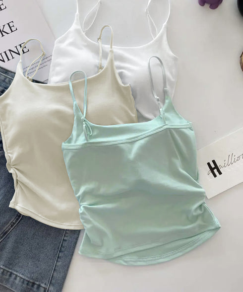 カップ付きキャミソールサイドシャーリング レディース ノンワイヤーブラトップ スリムフィット インナートップス ストレッチ 無地レイヤードコーデ夏服 柔らかい下着 87HONGYF-001