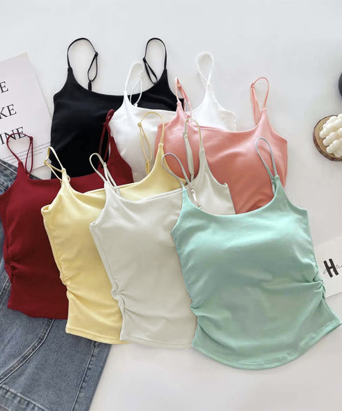 カップ付きキャミソールサイドシャーリング レディース ノンワイヤーブラトップ スリムフィット インナートップス ストレッチ 無地レイヤードコーデ夏服 柔らかい下着 87HONGYF-001