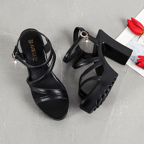 厚底サンダル レディース 歩きやすい 靴 ハイヒール アンクルストラップサンダル チャンキーヒール おしゃれサンダル トラックソールサンダル 太めヒール 美脚脚長 87HUACHANG-001