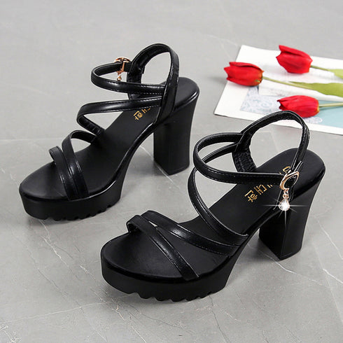 厚底サンダル レディース 歩きやすい 靴 ハイヒール アンクルストラップサンダル チャンキーヒール おしゃれサンダル トラックソールサンダル 太めヒール 美脚脚長 87HUACHANG-001