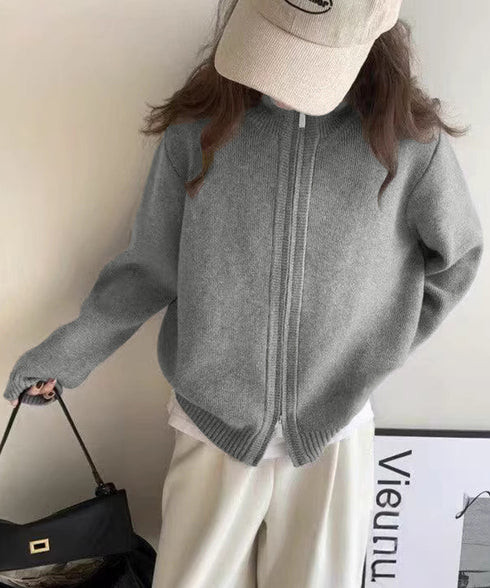 ダブルジップニットカーディガンレディース 秋冬ニットトップス ジップアップ 長袖カーディガン ハイゲージ ハイネックニット前開き 2wayニットセーターカジュアル 87HUANYI-001