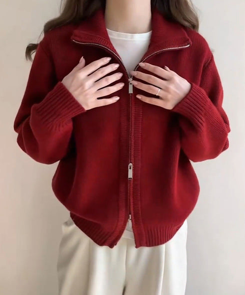 ダブルジップニットカーディガンレディース 秋冬ニットトップス ジップアップ 長袖カーディガン ハイゲージ ハイネックニット前開き 2wayニットセーターカジュアル 87HUANYI-001