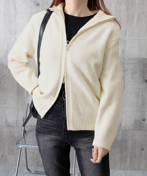 ダブルジップニットカーディガンレディース 秋冬ニットトップス ジップアップ 長袖カーディガン ハイゲージ ハイネックニット前開き 2wayニットセーターカジュアル 87HUANYI-001