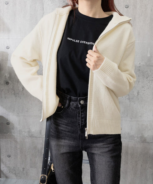 ダブルジップニットカーディガンレディース 秋冬ニットトップス ジップアップ 長袖カーディガン ハイゲージ ハイネックニット前開き 2wayニットセーターカジュアル 87HUANYI-001