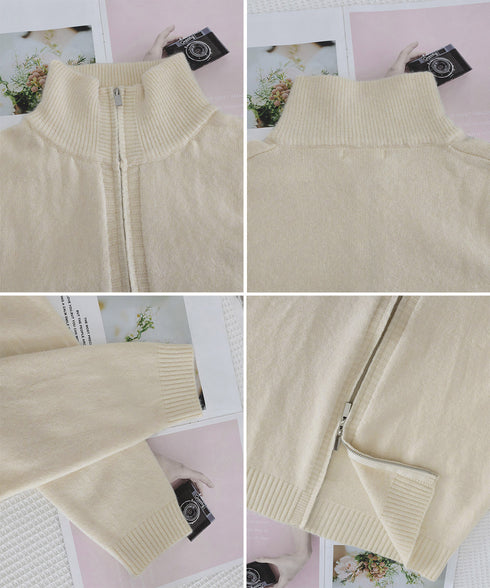 ダブルジップニットカーディガンレディース 秋冬ニットトップス ジップアップ 長袖カーディガン ハイゲージ ハイネックニット前開き 2wayニットセーターカジュアル 87HUANYI-001