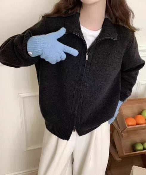 ダブルジップニットカーディガンレディース 秋冬ニットトップス ジップアップ 長袖カーディガン ハイゲージ ハイネックニット前開き 2wayニットセーターカジュアル 87HUANYI-001