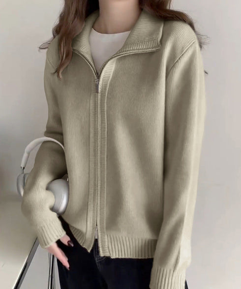 ダブルジップニットカーディガンレディース 秋冬ニットトップス ジップアップ 長袖カーディガン ハイゲージ ハイネックニット前開き 2wayニットセーターカジュアル 87HUANYI-001