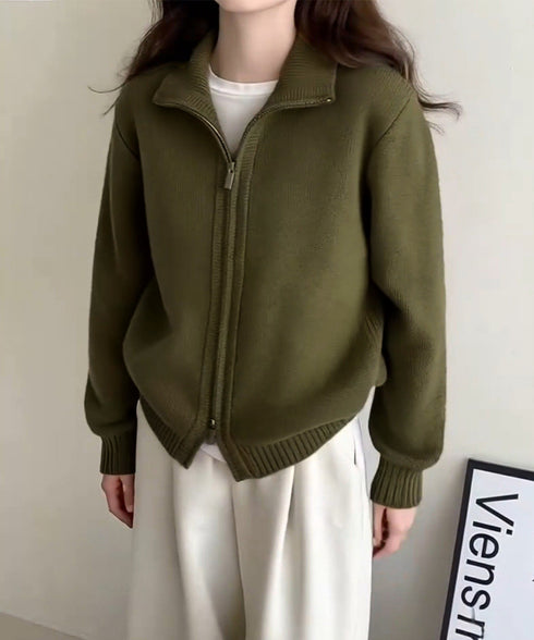 ダブルジップニットカーディガンレディース 秋冬ニットトップス ジップアップ 長袖カーディガン ハイゲージ ハイネックニット前開き 2wayニットセーターカジュアル 87HUANYI-001