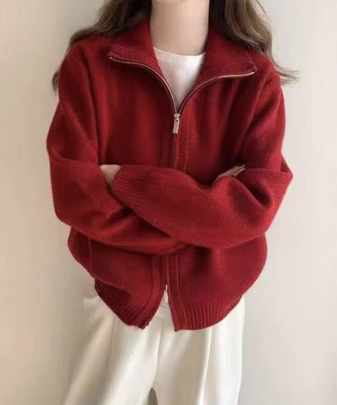 ダブルジップニットカーディガンレディース 秋冬ニットトップス ジップアップ 長袖カーディガン ハイゲージ ハイネックニット前開き 2wayニットセーターカジュアル 87HUANYI-001