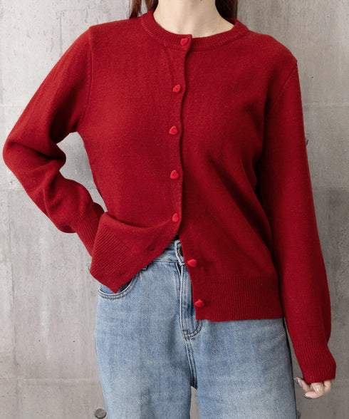 ハートボタンニットカーディガン秋冬韓国風 おしゃれニットトップス レディース きれいめカジュアル 長袖 大人可愛いセーターシンプル 洗えるニット クルーネック秋服 87HUANYI-002