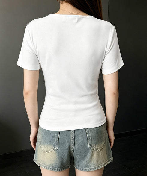 ヘンリーネックTシャツ レースレイヤード シアレース切替リブトップス 半袖タイトTレディース ドッキングTシャツ 着やせ細見え 韓国風サマートップス 大人可愛い 87JIALI-001