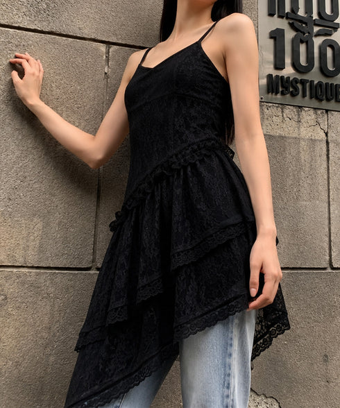 花柄レースキャミソールワンピースビスチェ アシンメトリーキャミワンピきれいめ 透け感レースチュニック春夏 ティアードキャミ フリル重ね着トップス韓国風ロングキャミ 87JIAPIN-001