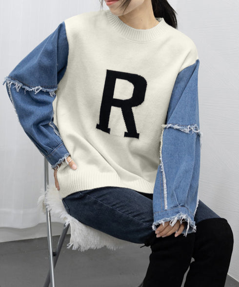 ドッキングニット デニムシャツ 切り替え 韓国 ニットトップス レディース カジュアル 長袖ニットプルオーバー 秋冬 ゆったり 着やせトップス おしゃれ体型カバー 87JMO-001