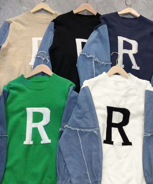 ドッキングニット デニムシャツ 切り替え 韓国 ニットトップス レディース カジュアル 長袖ニットプルオーバー 秋冬 ゆったり 着やせトップス おしゃれ体型カバー 87JMO-001