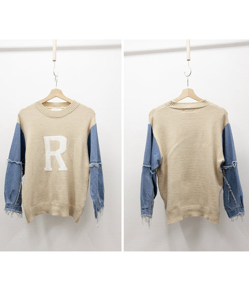 ドッキングニット デニムシャツ 切り替え 韓国 ニットトップス レディース カジュアル 長袖ニットプルオーバー 秋冬 ゆったり 着やせトップス おしゃれ体型カバー 87JMO-001