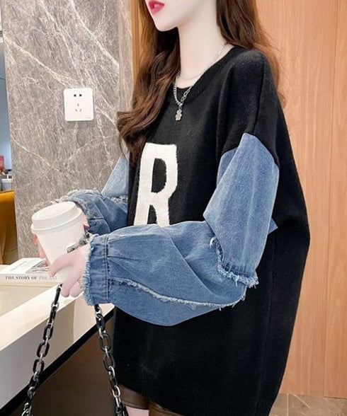 ドッキングニット デニムシャツ 切り替え 韓国 ニットトップス レディース カジュアル 長袖ニットプルオーバー 秋冬 ゆったり 着やせトップス おしゃれ体型カバー 87JMO-001