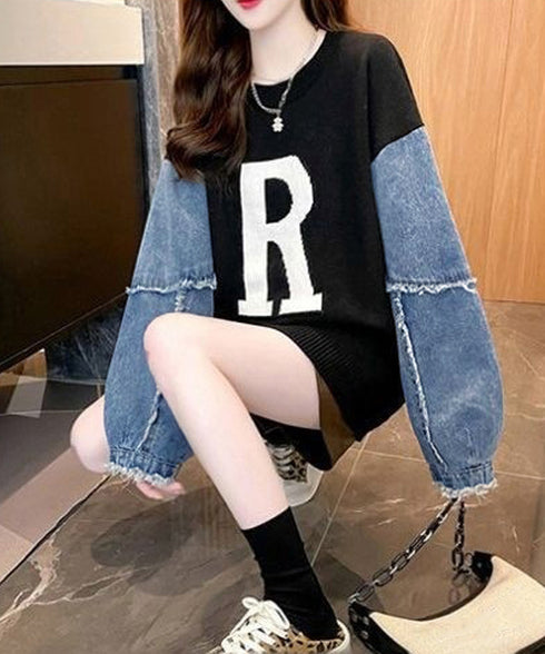 ドッキングニット デニムシャツ 切り替え 韓国 ニットトップス レディース カジュアル 長袖ニットプルオーバー 秋冬 ゆったり 着やせトップス おしゃれ体型カバー 87JMO-001