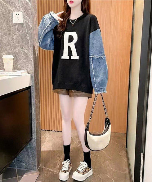 ドッキングニット デニムシャツ 切り替え 韓国 ニットトップス レディース カジュアル 長袖ニットプルオーバー 秋冬 ゆったり 着やせトップス おしゃれ体型カバー 87JMO-001