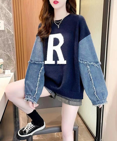 ドッキングニット デニムシャツ 切り替え 韓国 ニットトップス レディース カジュアル 長袖ニットプルオーバー 秋冬 ゆったり 着やせトップス おしゃれ体型カバー 87JMO-001