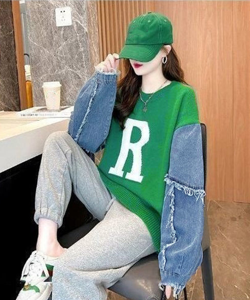 ドッキングニット デニムシャツ 切り替え 韓国 ニットトップス レディース カジュアル 長袖ニットプルオーバー 秋冬 ゆったり 着やせトップス おしゃれ体型カバー 87JMO-001