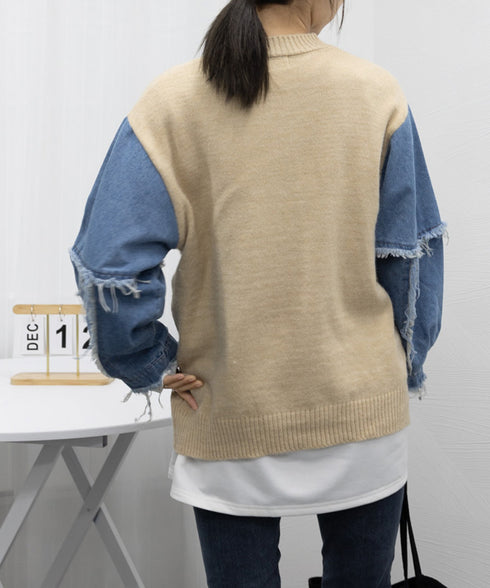 ドッキングニット デニムシャツ 切り替え 韓国 ニットトップス レディース カジュアル 長袖ニットプルオーバー 秋冬 ゆったり 着やせトップス おしゃれ体型カバー 87JMO-001