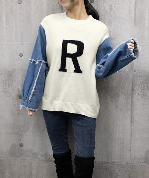 ドッキングニット デニムシャツ 切り替え 韓国 ニットトップス レディース カジュアル 長袖ニットプルオーバー 秋冬 ゆったり 着やせトップス おしゃれ体型カバー 87JMO-001