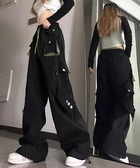 パラシュートパンツ韓国風カーゴパンツ春秋 ストリートパンツレディース かっこいいワイドパンツ ウエストゴム楽ちんパンツ イージーパンツおしゃれ ドローコードパンツ 87JUNLIN-001