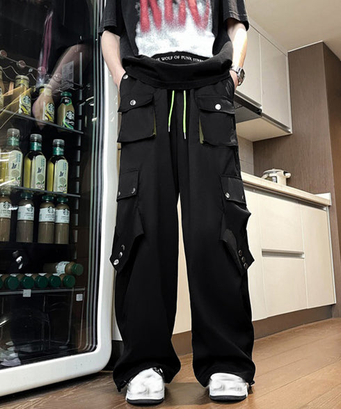 パラシュートパンツ韓国風カーゴパンツ春秋 ストリートパンツレディース かっこいいワイドパンツ ウエストゴム楽ちんパンツ イージーパンツおしゃれ ドローコードパンツ 87JUNLIN-001