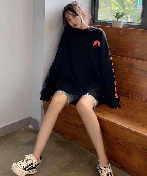 ロゴトレーナー 韓国風 ビッグシルエット ロングTシャツ長袖 レディース ロゴプリントトレーナー カジュアル ゆるチュニックトップス ゆったり ストリート系ロンt 87JYL-001