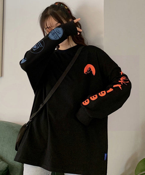 ロゴトレーナー 韓国風 ビッグシルエット ロングTシャツ長袖 レディース ロゴプリントトレーナー カジュアル ゆるチュニックトップス ゆったり ストリート系ロンt 87JYL-001