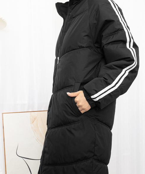 中綿ダウンコートレディースアウター韓国風 フード付きコート冬服 エコダウンロング丈ジャケット 袖ラインキルティングコート 軽量ベンチコート暖かい 通勤通学アウター 87KFDN-001